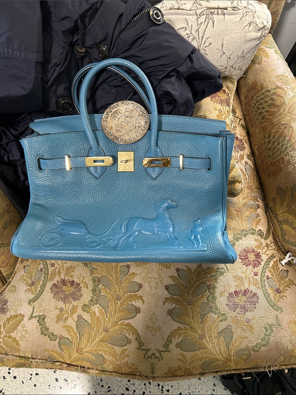 Blue Embossed Leather Satchel with Gold-Tone Hardware